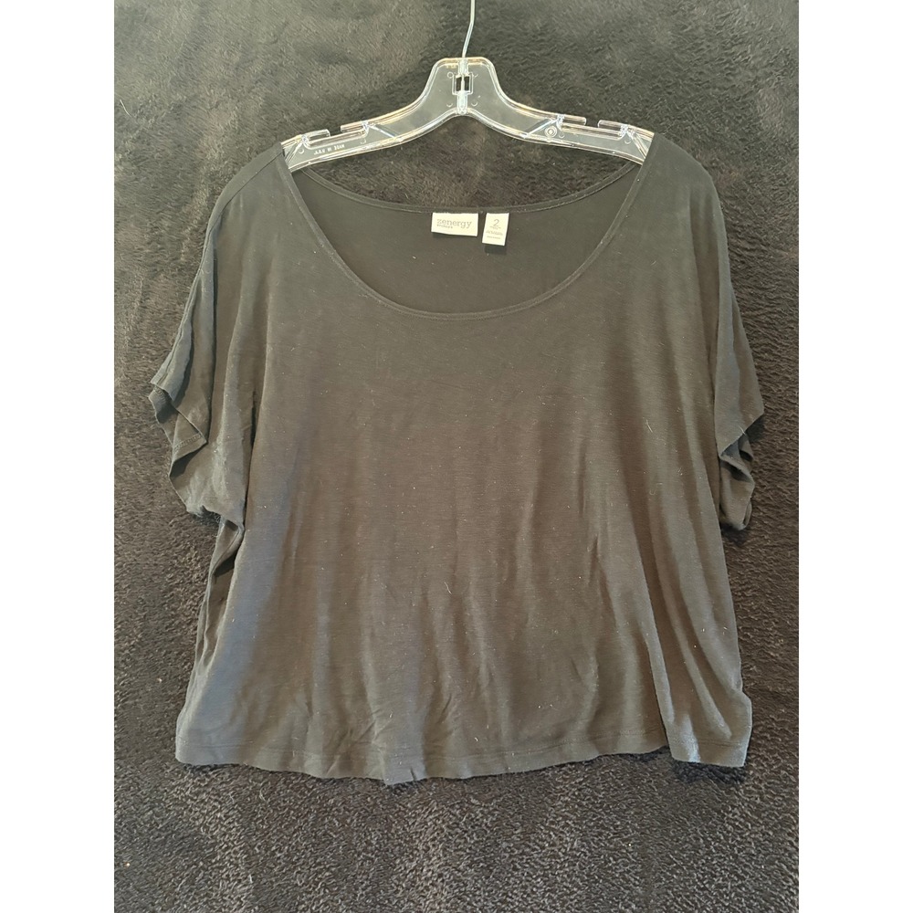 Zenergy Chico's Black T-Shirt Top Women's Size 2 Relaxed Fit Dolman Short Sleeve